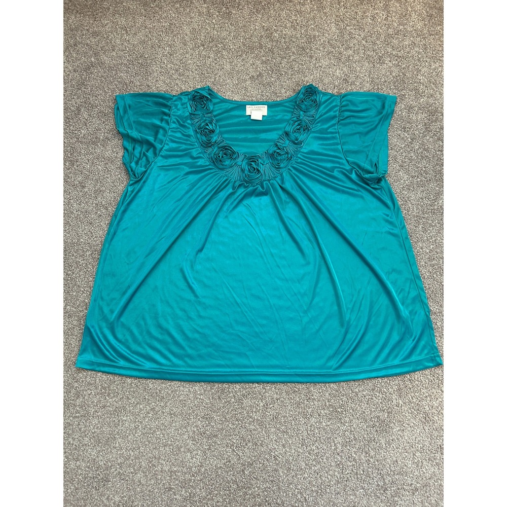 Lati Fashion Intimates Top Womens XL Teal Blue Excellent Rosette Satin Sleepwear